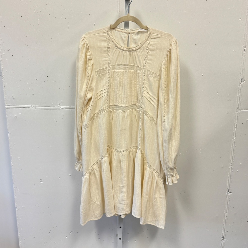 Mango MNG Cream Cotton‎ Lace Pintuck Mini Dress Women's Size 8 Large Boho Tiered